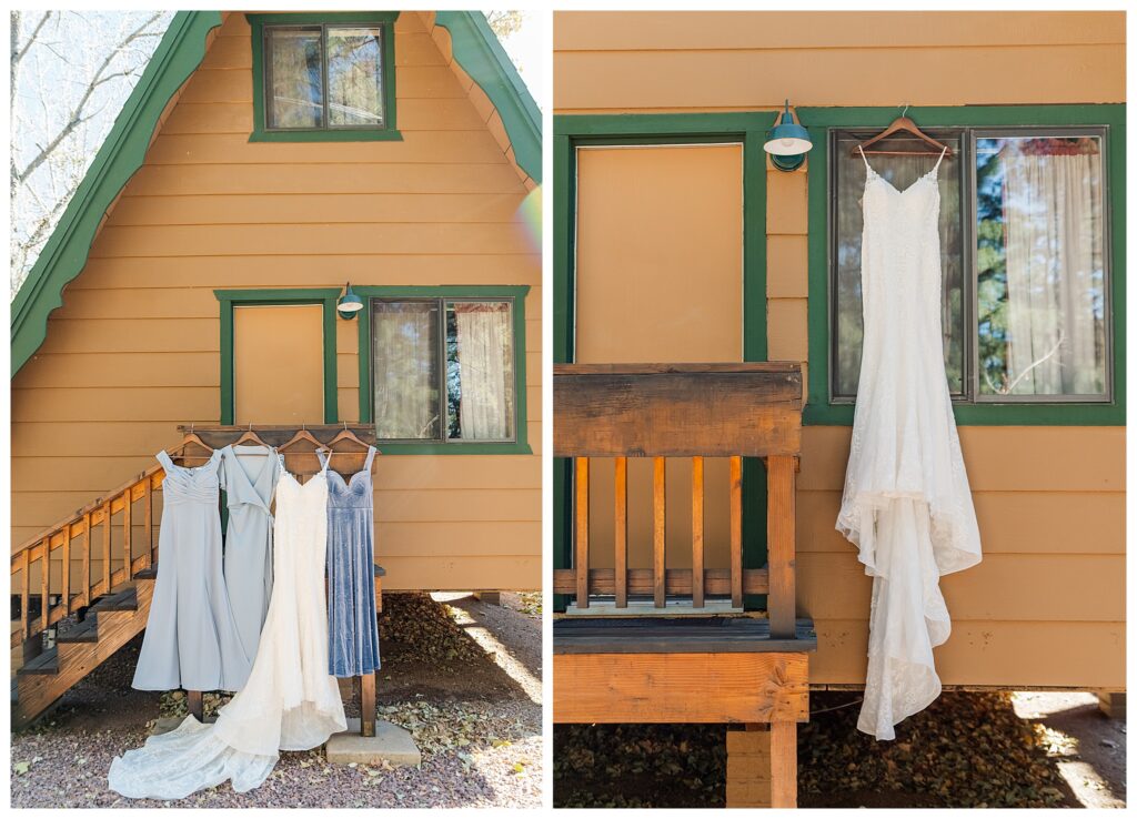 Bridesmaid and Bride dresses hanging on Cabin at Cabins on Strawberry Hill