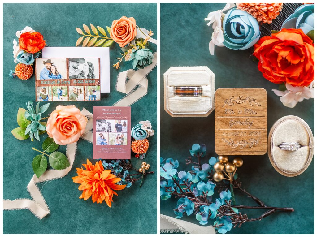 Wedding invitation, wedding rings and florals detail shot with customized wooden ring box on teal background. 