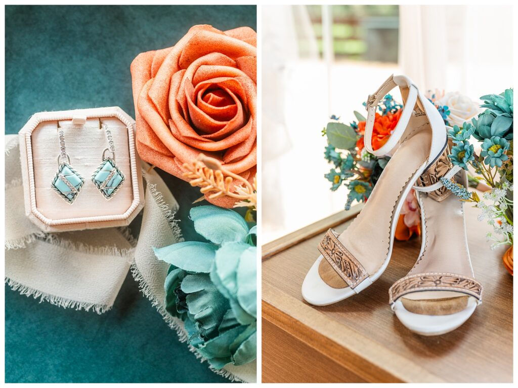 Bride wedding shoes with tooled leather, next to turquoise earrings and orange and blue florals