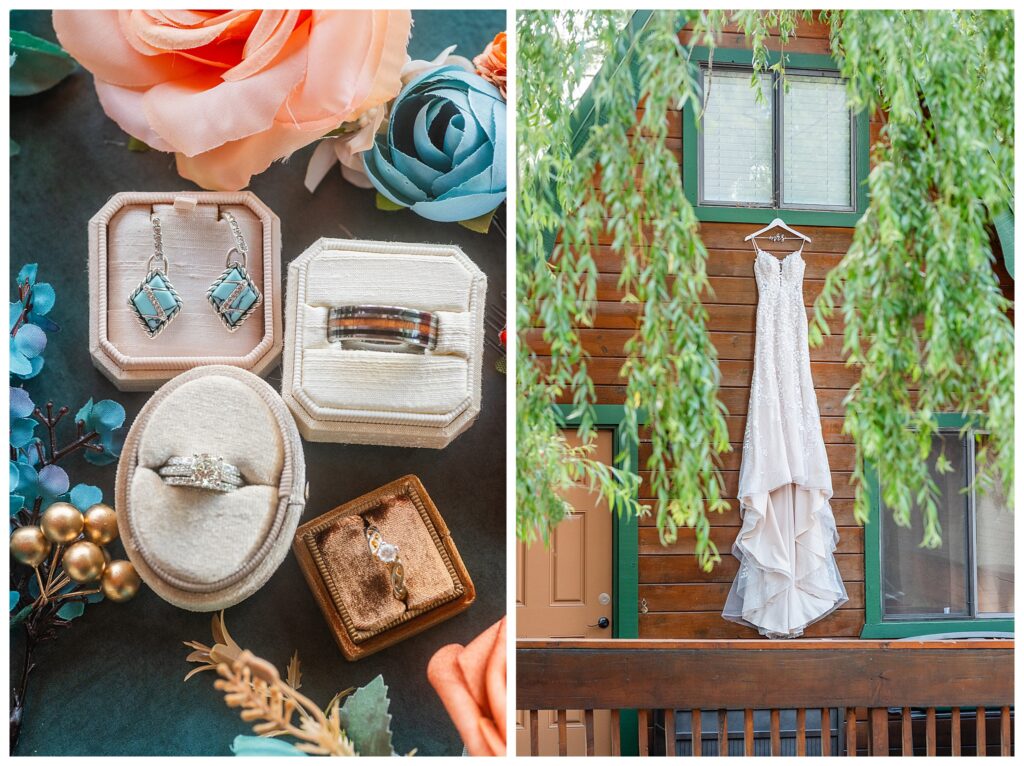 Wedding jewelry photo paired with photo of dress hanging from A frame cabin