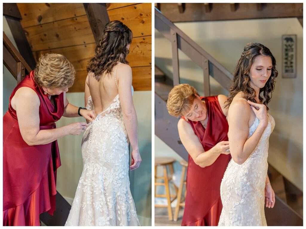 Mother of the bride doing the buttons up on the bride's wedding gown