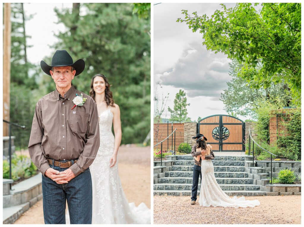 Father Daughter first look in front of gates at Cabins on Strawberry Hill