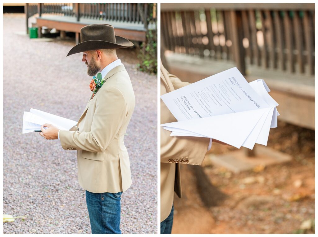 Groom in cowboy hat reading a funny joke wedding prenup document to family.