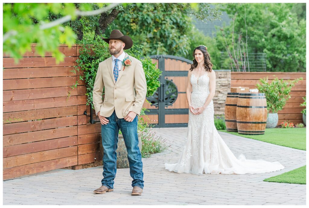 Bride approaching groom for First Look at Cabins on Strawberry Hill