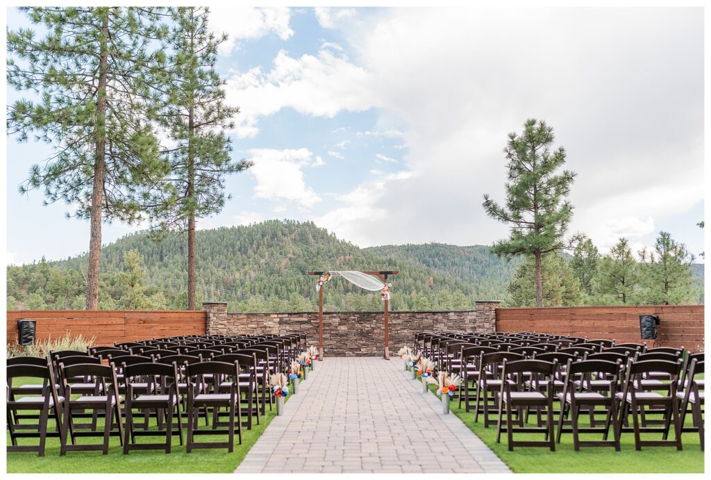 Ceremony site at Cabins on Strawberry Hill with clouds in the sky