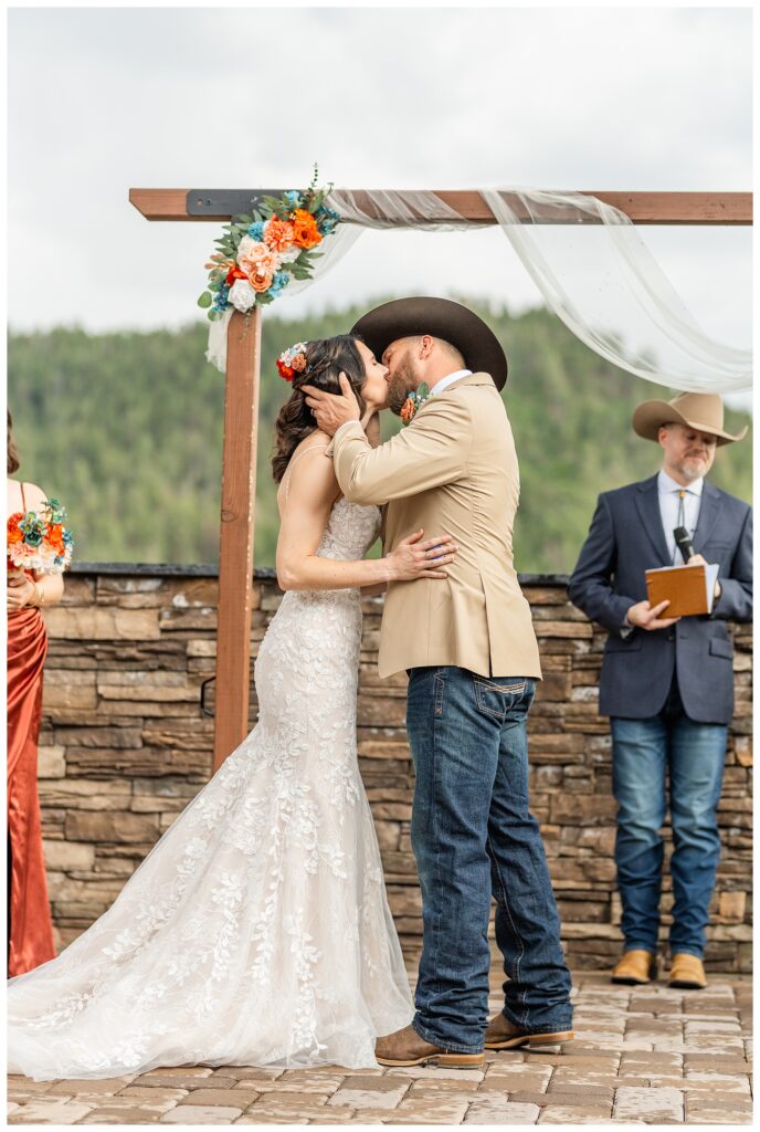 First Kiss at Cabins on Strawberry Hill Wedding