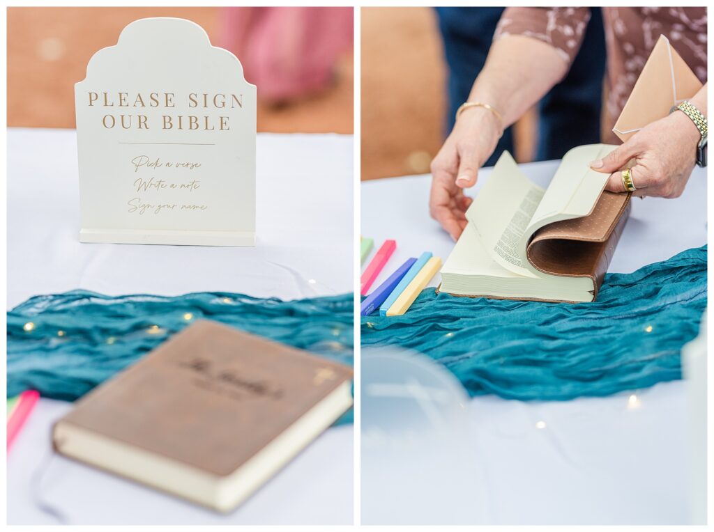 Sign our Bible guest book. 
