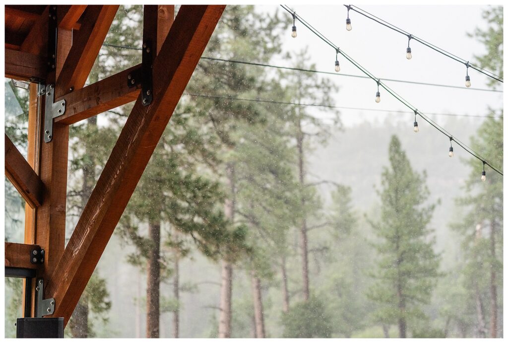 Monsoon rain showering down in the forest outside the ramada