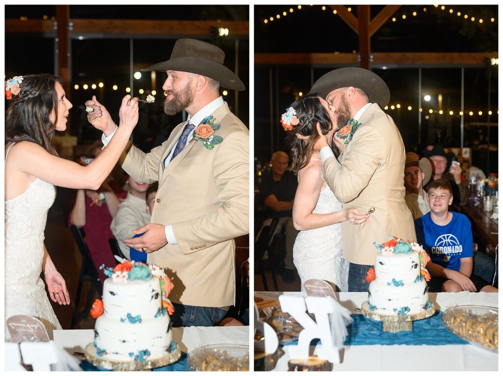 Bride and Groom feeding each other wedding cake and then kissing. 