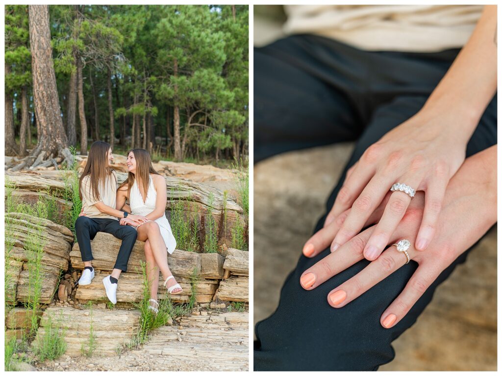 Couple in forest at Willow Springs Lake for their engagement photos