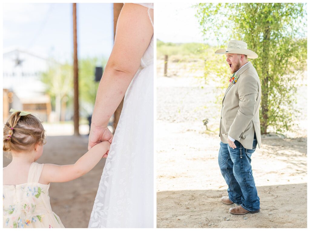 Grooms first look with bride and their daughter