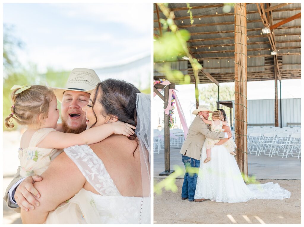 Grooms first look with bride and their daughter